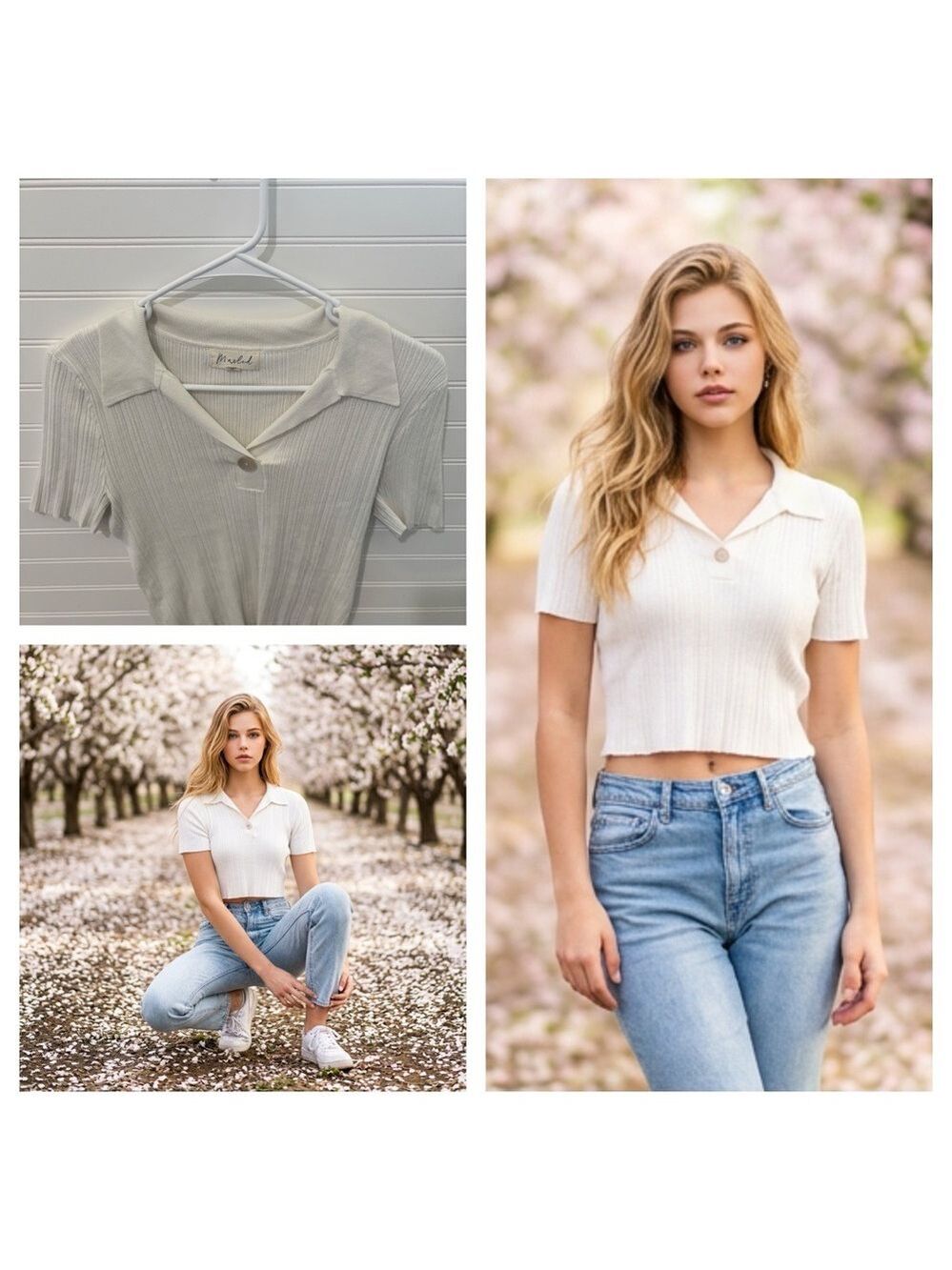Marled Cream Ribbed Polo Crop Top